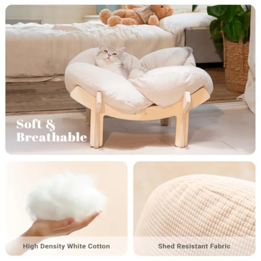 Elevated Cat Bed Wooden with Cushion Fluffy Pet Couch Sofa