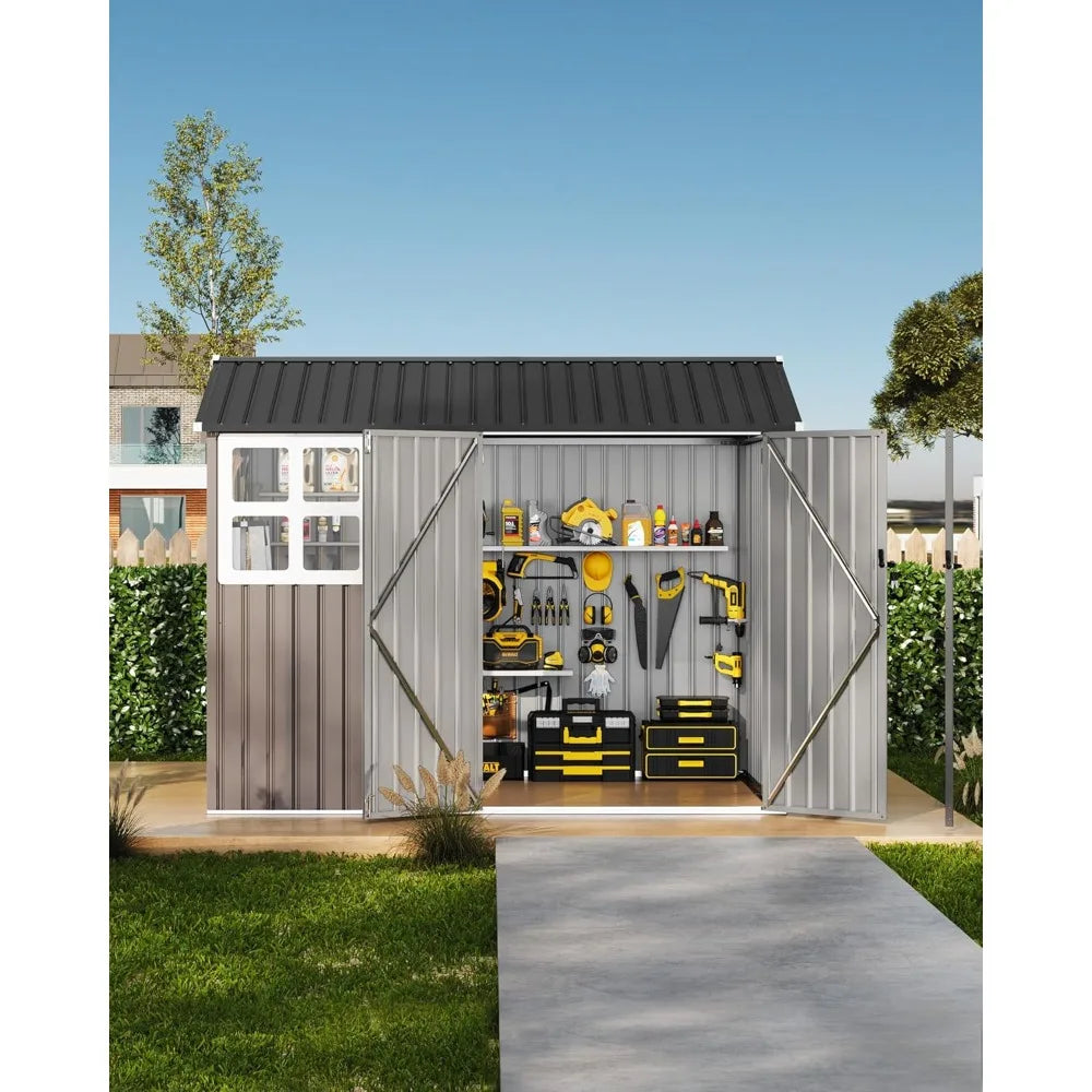 6x8 Ft Metal Outdoor Storage Shed Garden Tool  Lockable Doors & Windows
