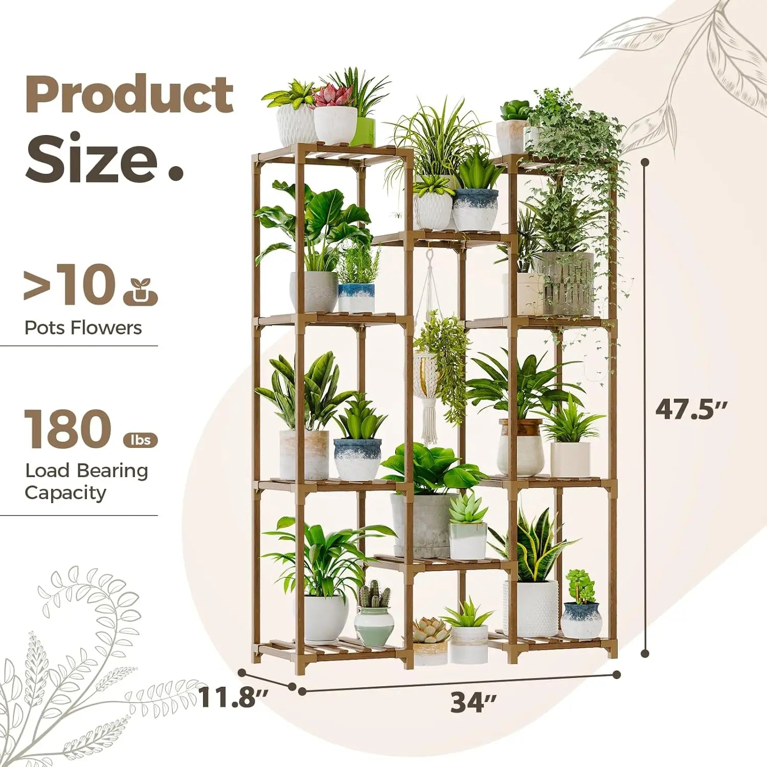 Large Wooden Plant Stand with 10 Shelves for Indoor Outdoor Decor, Holds Multiple Pots, Easy Assembly