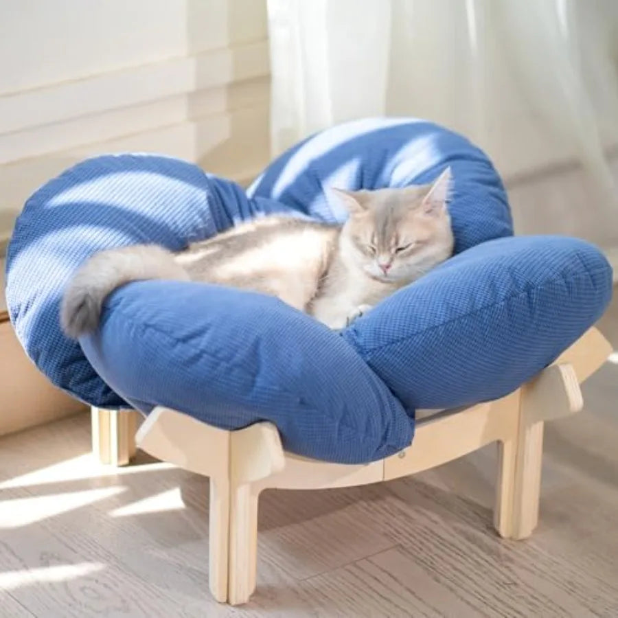 Elevated Cat Bed Wooden with Cushion Fluffy Pet Couch Sofa