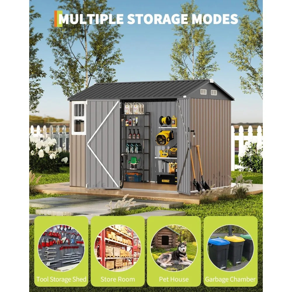 6x8 Ft Metal Outdoor Storage Shed Garden Tool  Lockable Doors & Windows
