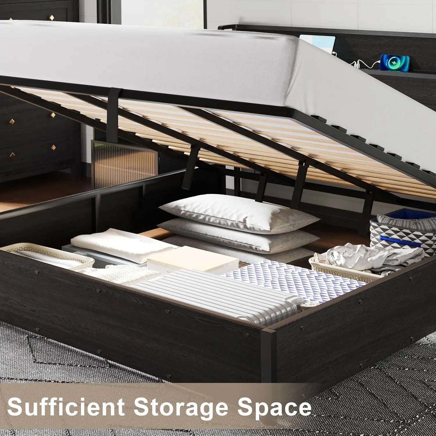 King Lift Up Storage Bed Frame Wooden Platform USB Charging