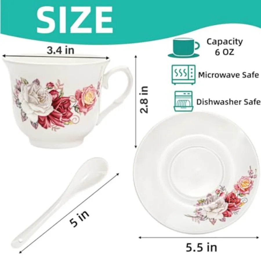 Bone China Tea Cups and Saucers Set of 6