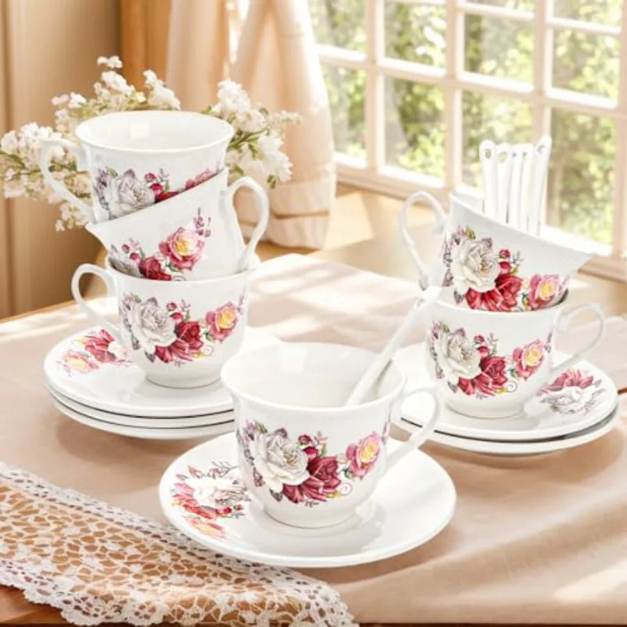 Bone China Tea Cups and Saucers Set of 6