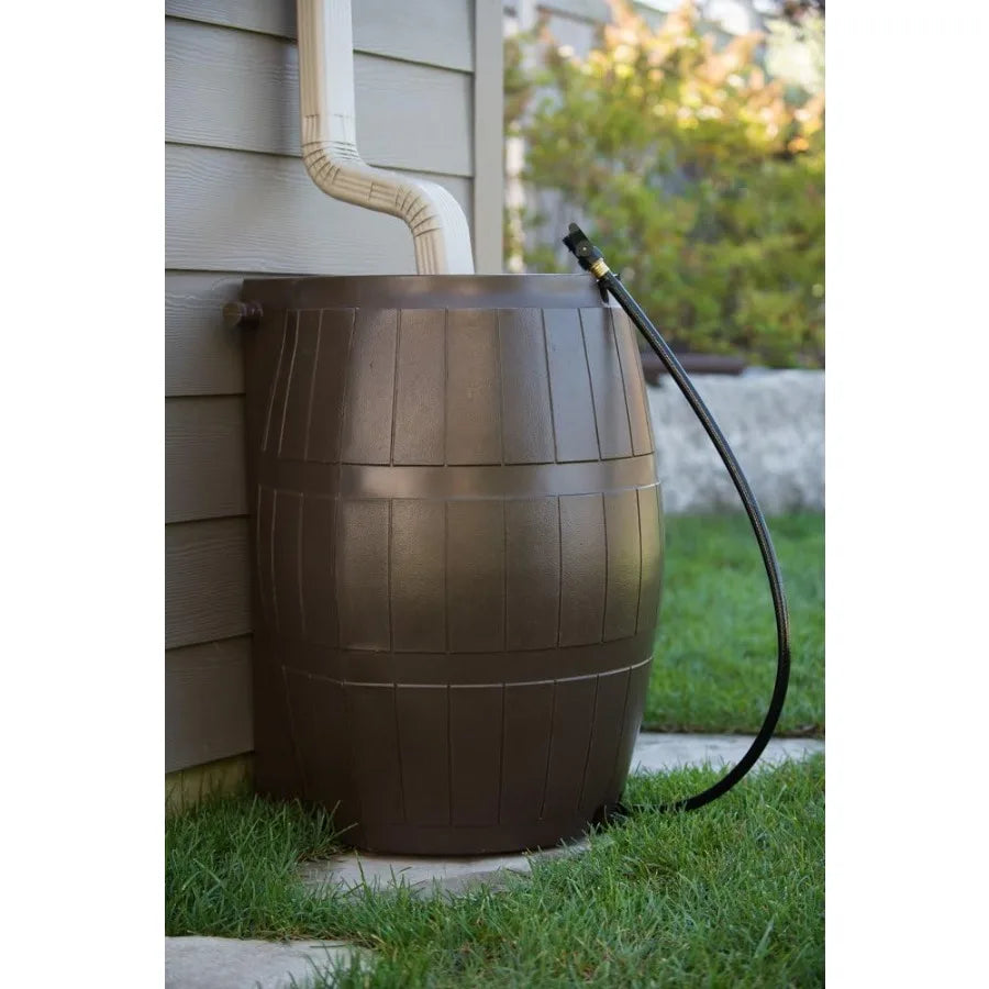 Outdoor Raincatcher 4000, Flat-Back RainRainwaterContainer w Side SpigotsMesh Screen Garden and Overflow Hose & Linking Kit