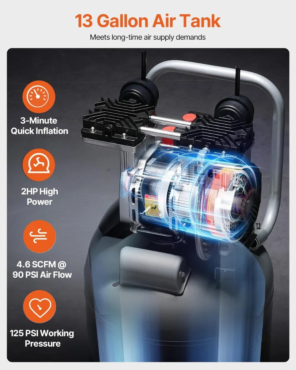 13 Gallon Air Compressor 2HP Oil-Free,