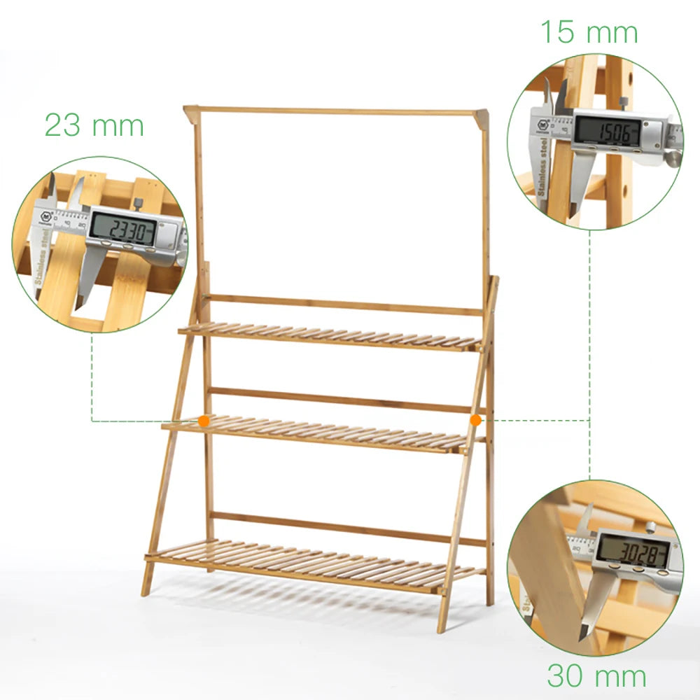 Folding Bamboo Plant Stand, Flower Pot Shelf, Multi-Use for Greenhouse Indoor and Outdoor, 3 Tier