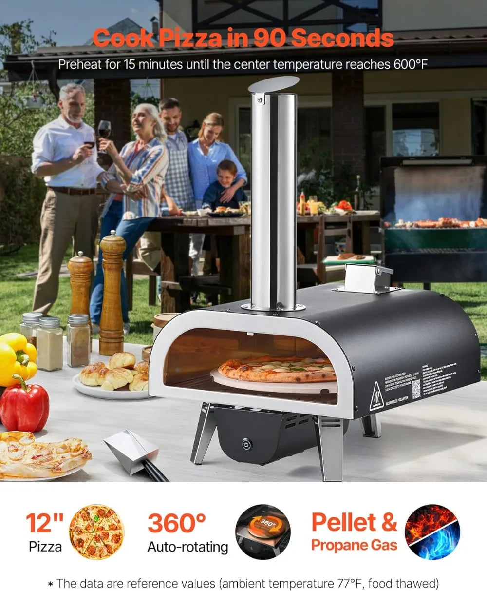 Outdoor Pizza Oven Dual Fuel 12" Auto Rotating Propane Wood Pellet Portable
