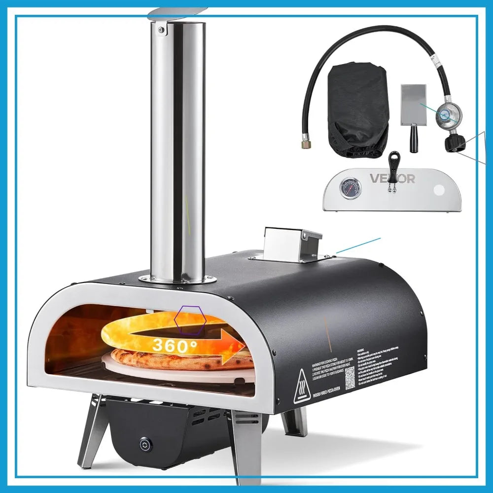 Outdoor Pizza Oven Dual Fuel 12" Auto Rotating Propane Wood Pellet Portable