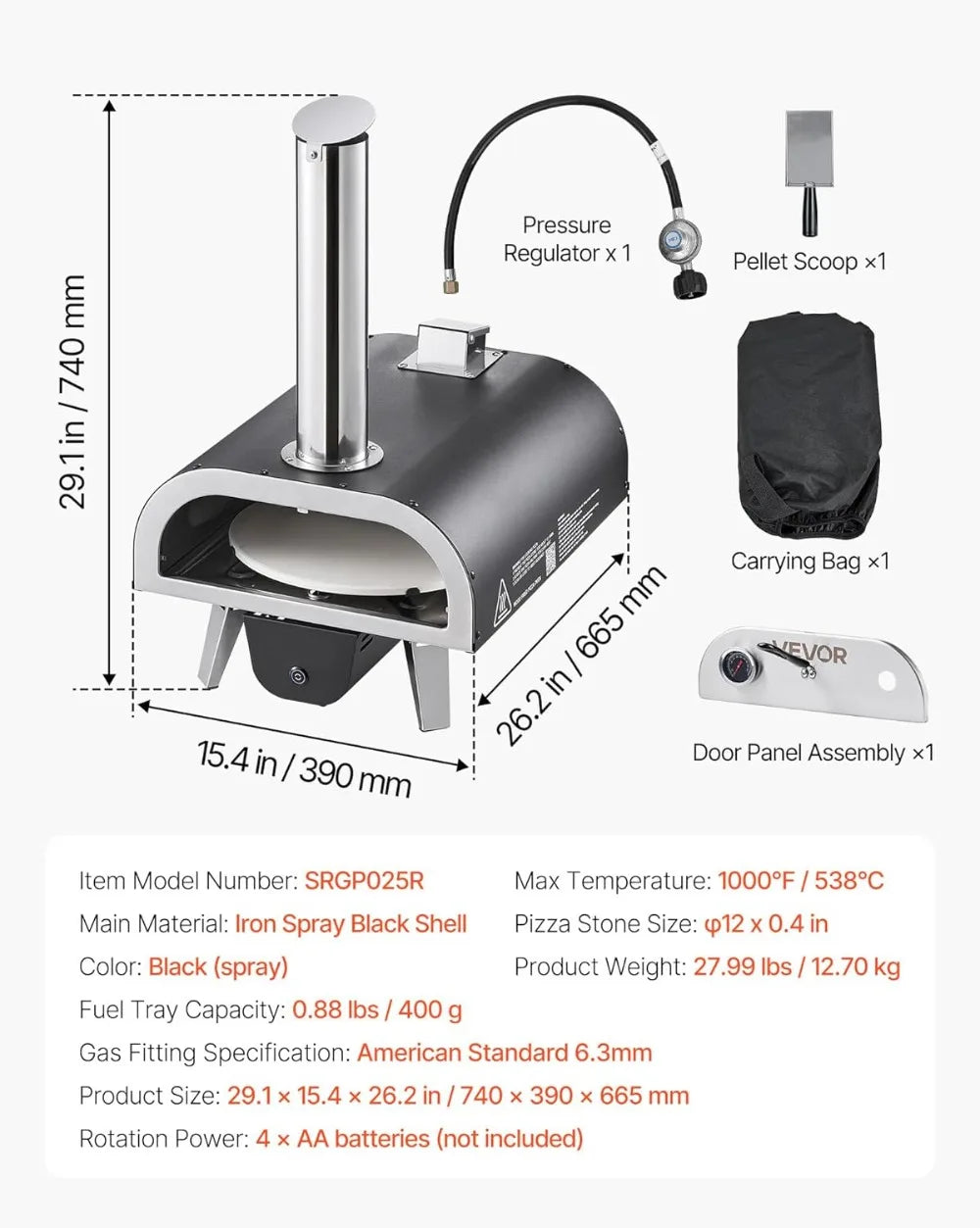 Outdoor Pizza Oven Dual Fuel 12" Auto Rotating Propane Wood Pellet Portable