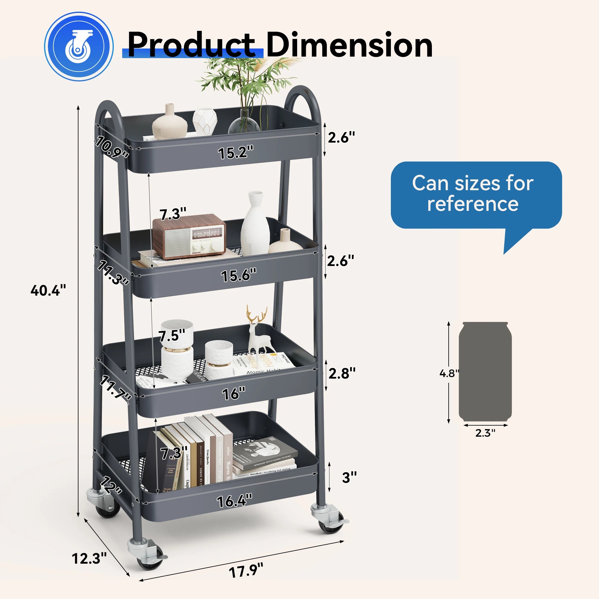 4 Tier Metal Storage Kitchen Cart with Lockable Wheels Mobile Shelving Unit Utility