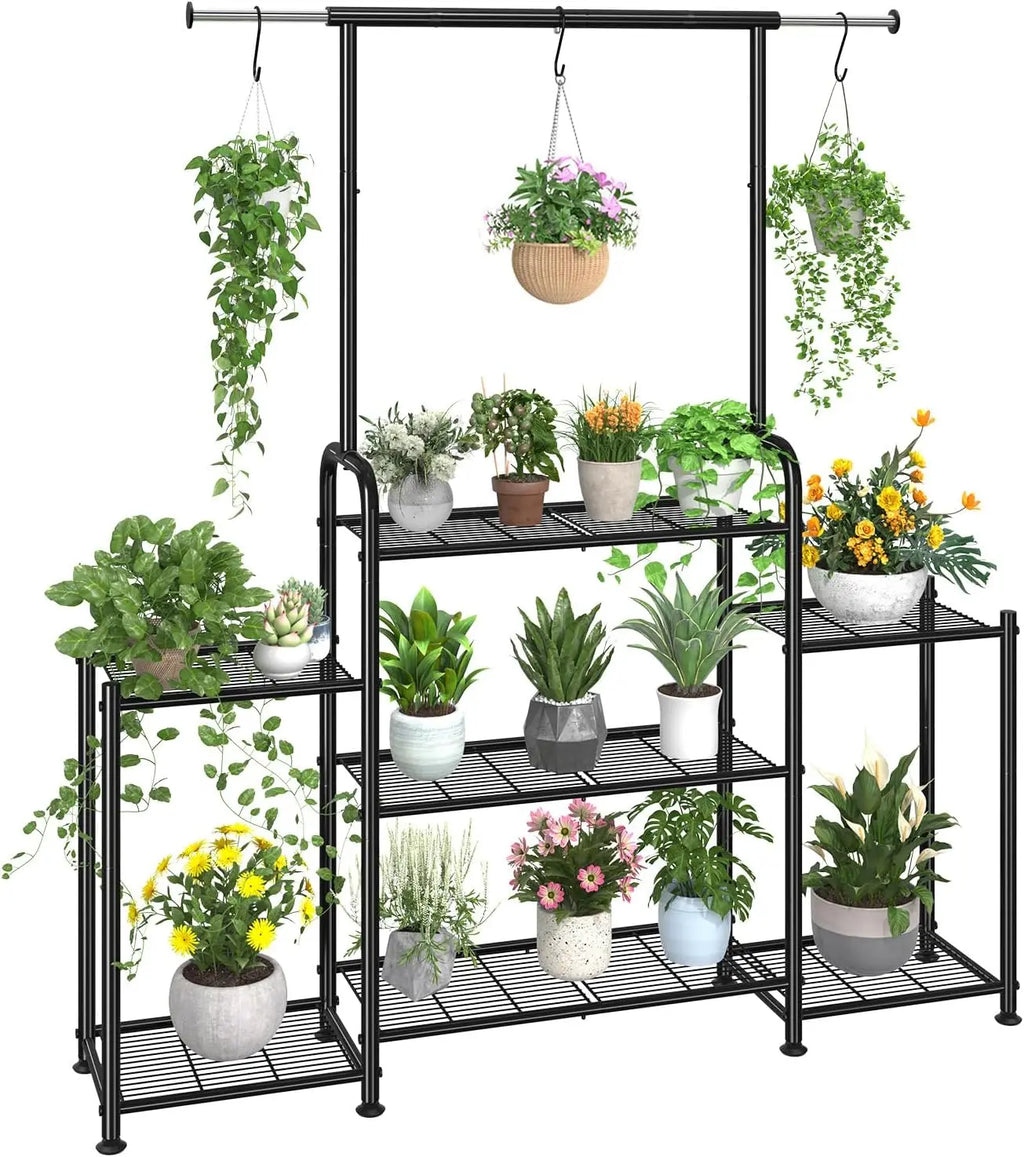 3-Tier Metal Plant Stand Indoor Outdoor Hanging Shelf for Multiple Flower Pots Large Heavy Duty Ladder Holder Black
