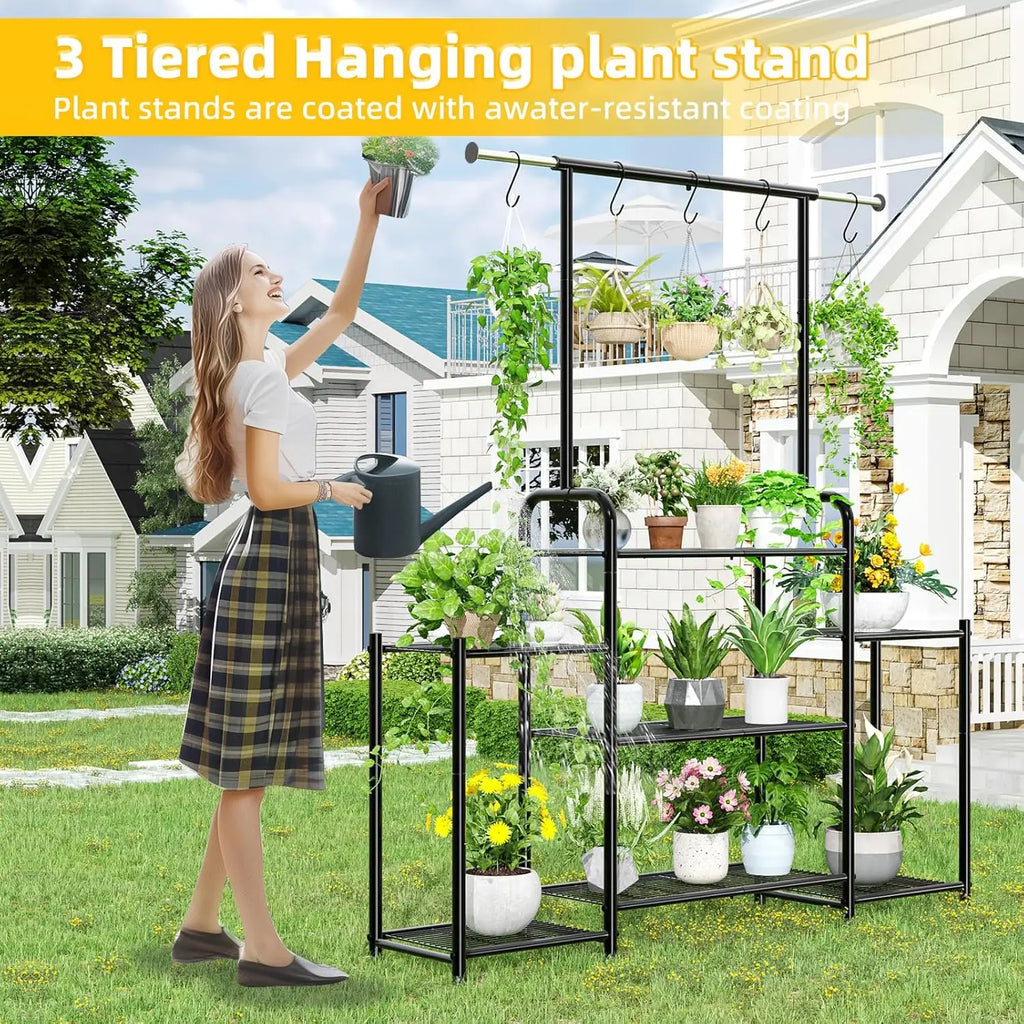 3-Tier Metal Plant Stand Indoor Outdoor Hanging Shelf for Multiple Flower Pots Large Heavy Duty Ladder Holder Black