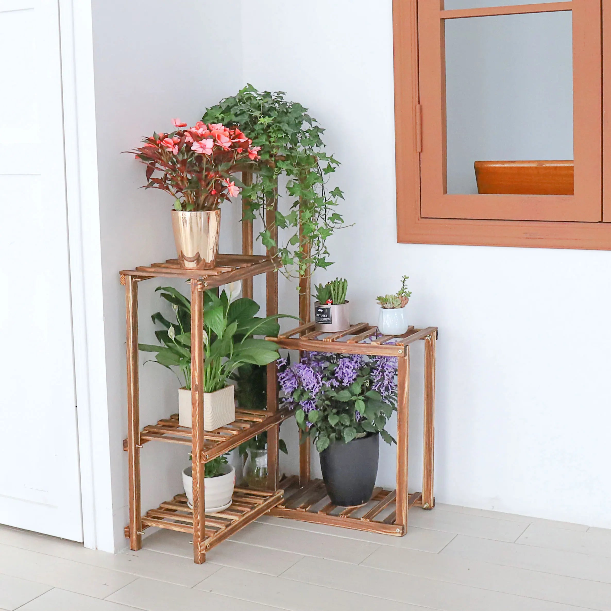 6 Tiers Wood Plant Stand Corner Plant Pot Ladder Shelf Display Rack