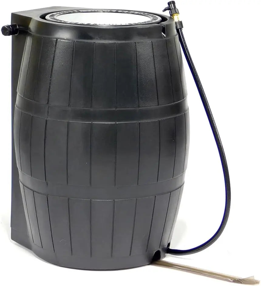 Outdoor Raincatcher 4000, Flat-Back RainRainwaterContainer w Side SpigotsMesh Screen Garden and Overflow Hose & Linking Kit