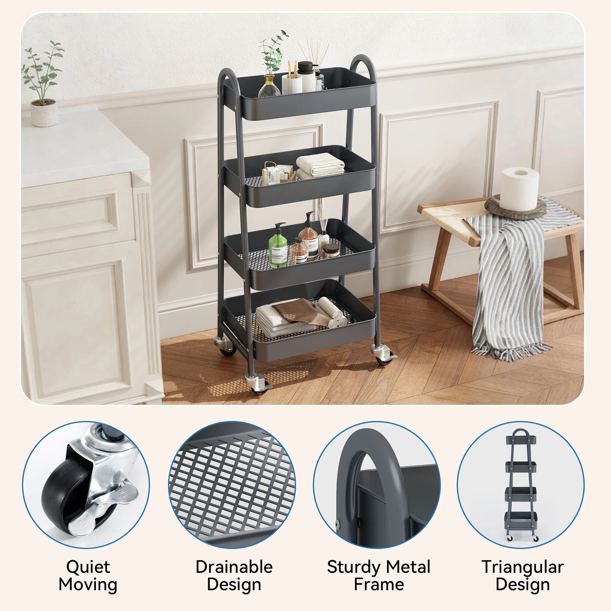 4 Tier Metal Storage Kitchen Cart with Lockable Wheels Mobile Shelving Unit Utility