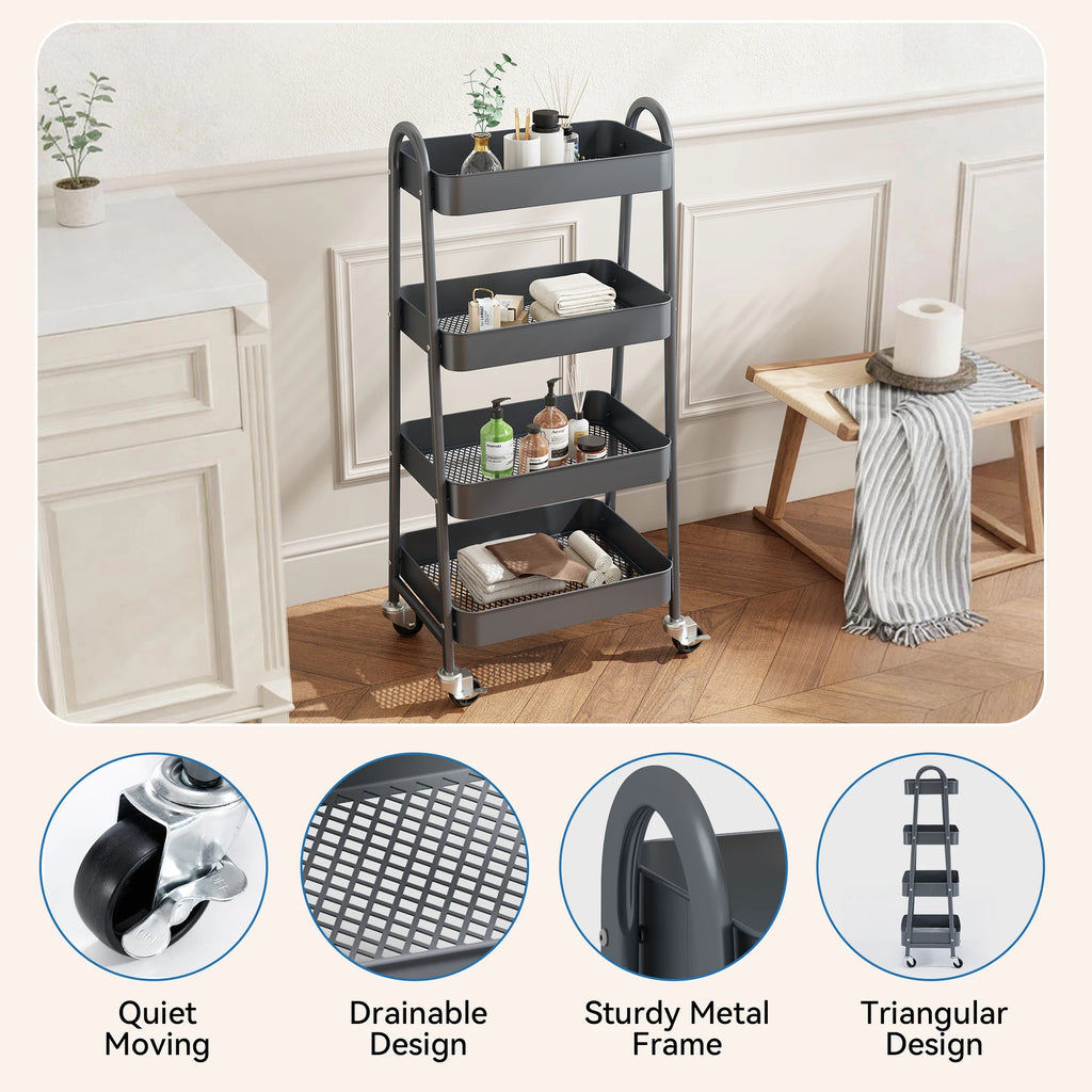 4 Tier Metal Storage Kitchen Cart with Lockable Wheels Mobile Shelving Unit Utility