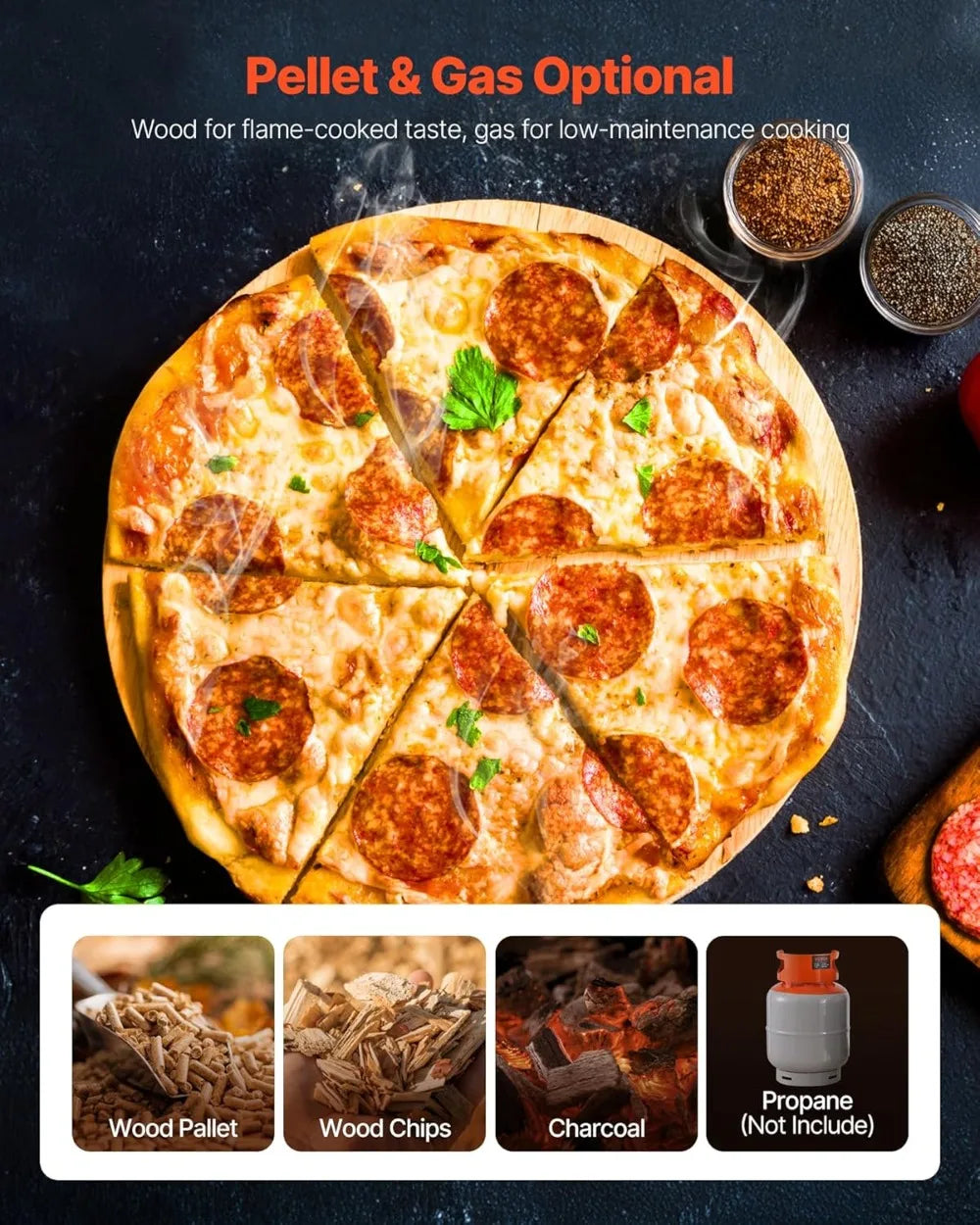 Outdoor Pizza Oven Dual Fuel 12" Auto Rotating Propane Wood Pellet Portable