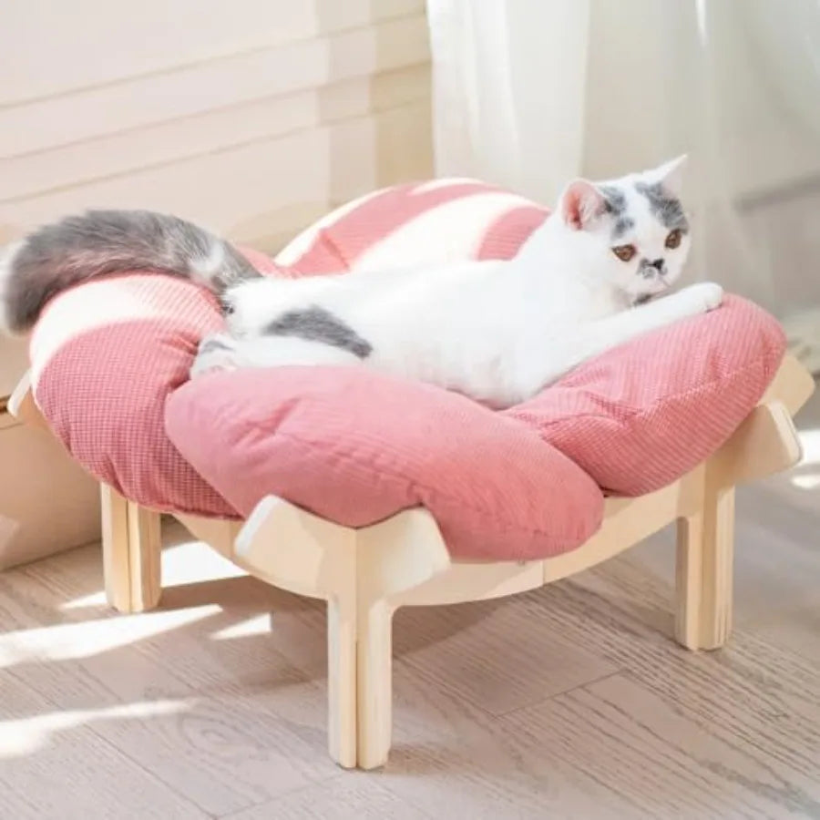 Elevated Cat Bed Wooden with Cushion Fluffy Pet Couch Sofa