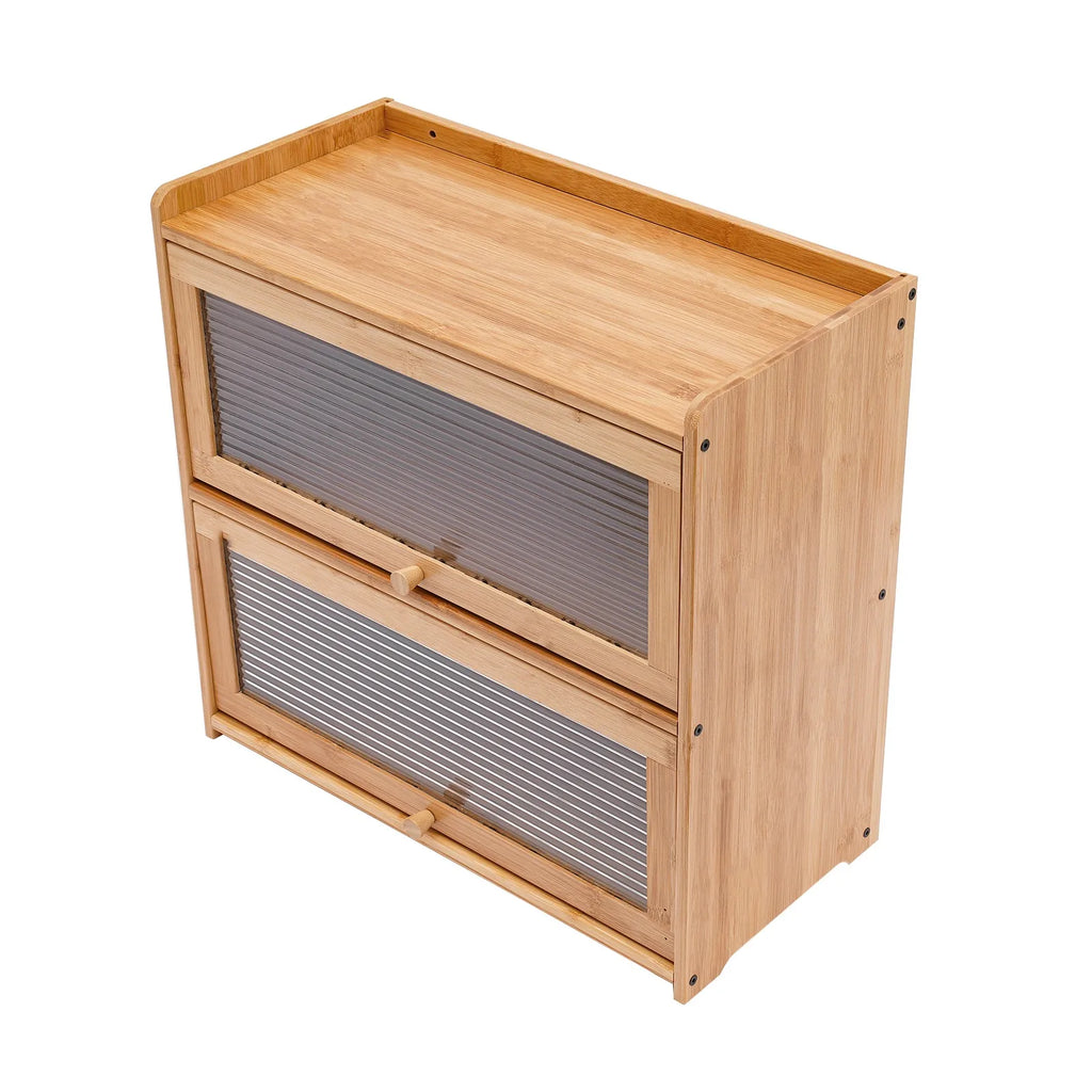 2-Tier Bamboo Kitchen Storage Cabinet - Versatile Countertop Organizer with Clear Acrylic Sliding Doors for Condiments, Pantry