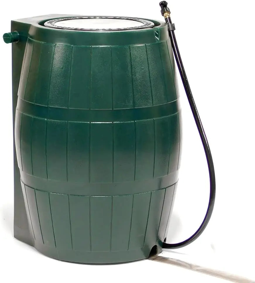 Outdoor Raincatcher 4000, Flat-Back RainRainwaterContainer w Side SpigotsMesh Screen Garden and Overflow Hose & Linking Kit