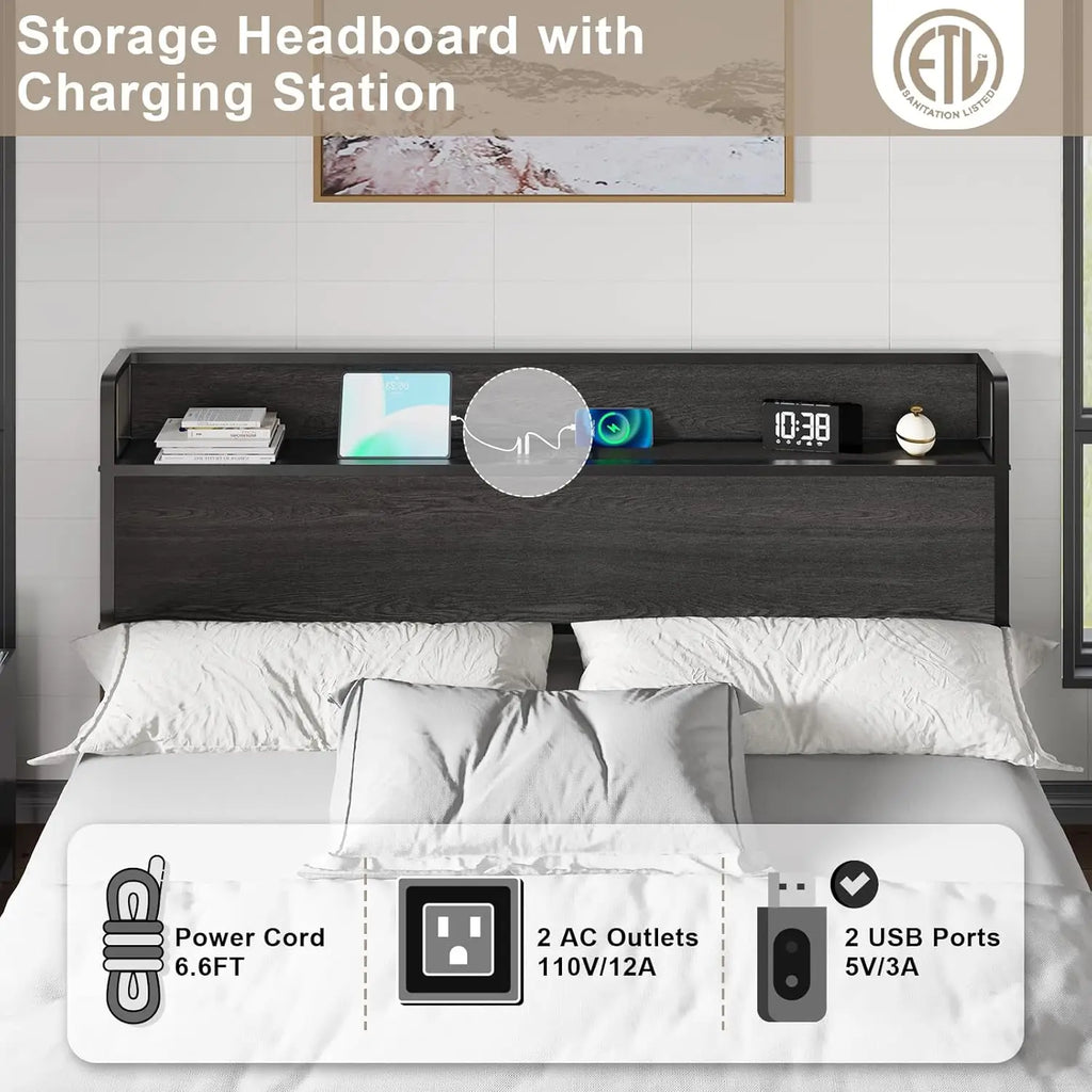 King Lift Up Storage Bed Frame Wooden Platform USB Charging