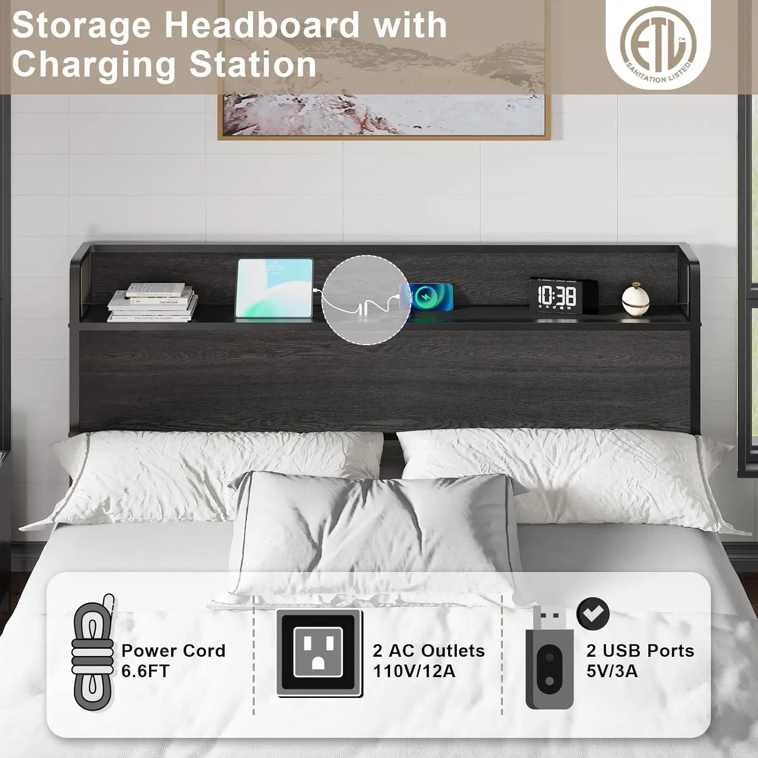 King Lift Up Storage Bed Frame Wooden Platform USB Charging
