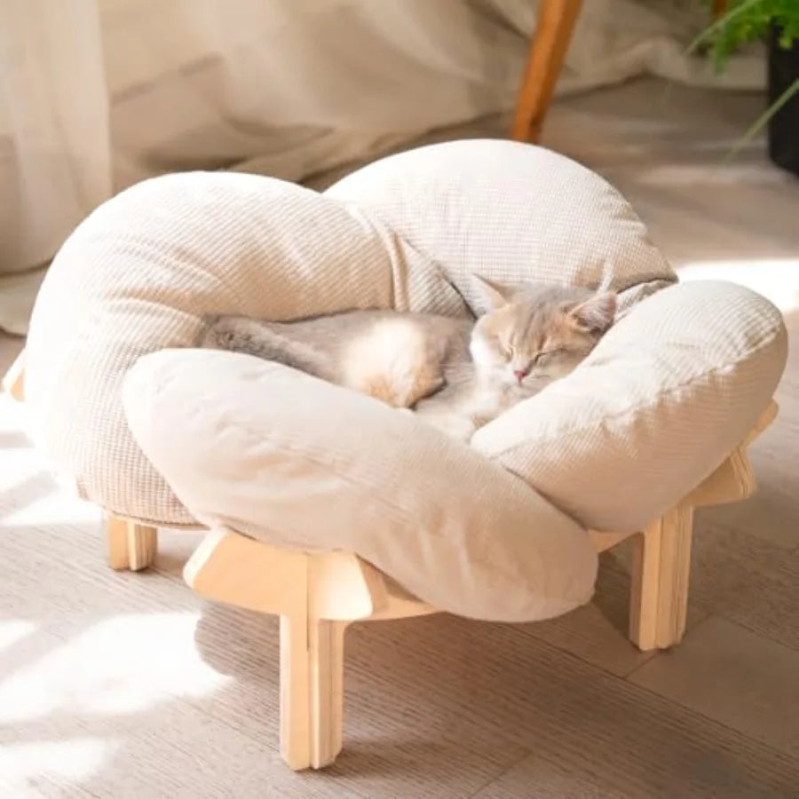 Elevated Cat Bed Wooden with Cushion Fluffy Pet Couch Sofa