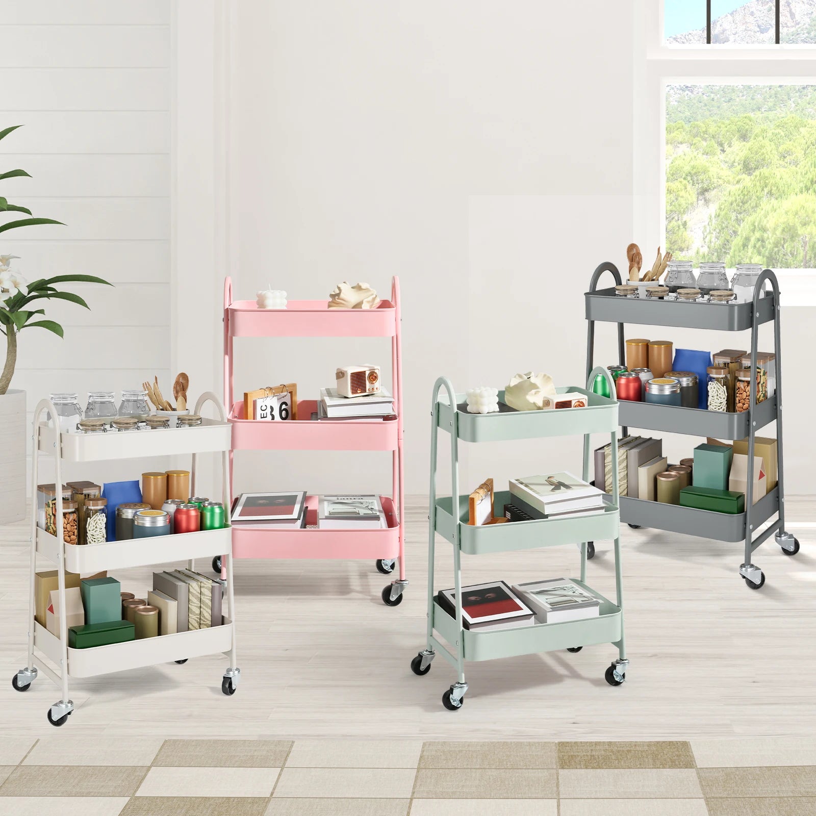 3 Tier Metal Storage Kitchen Cart with Lockable Wheels Mobile  Organizer For Home Narrow Places