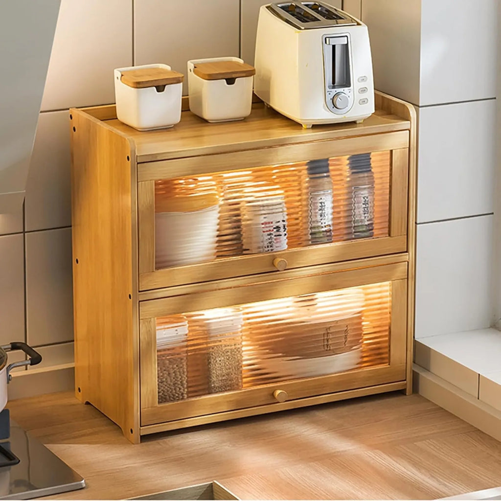 2-Tier Bamboo Kitchen Storage Cabinet - Versatile Countertop Organizer with Clear Acrylic Sliding Doors for Condiments, Pantry