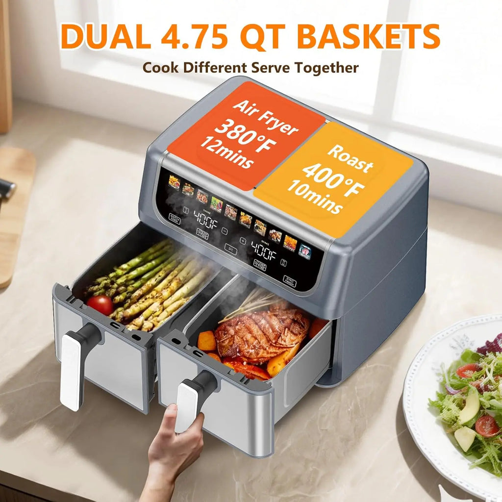 10-in-1 Air Fryer 9.5 QT, Large Air fryer with with 2 Independent Frying Baskets