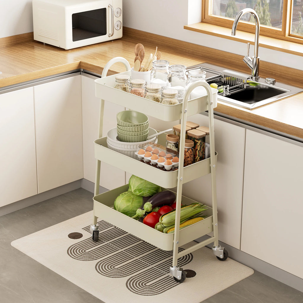 3 Tier Metal Storage Kitchen Cart with Lockable Wheels Mobile  Organizer For Home Narrow Places