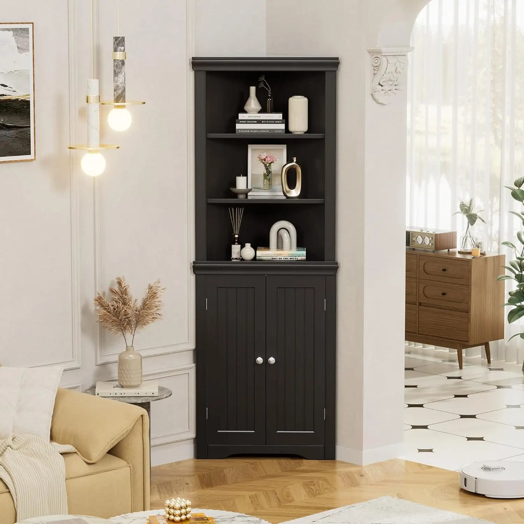 Freestanding Corner Shelf with 2 Doors and 3 Shelves