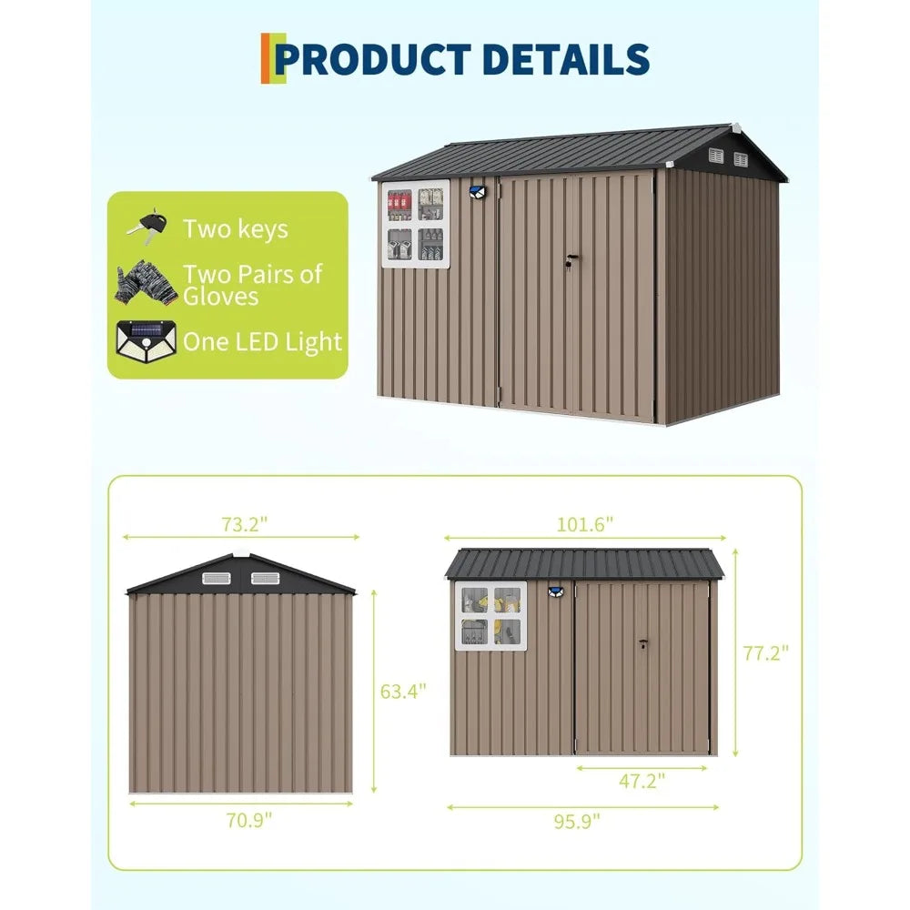6x8 Ft Metal Outdoor Storage Shed Garden Tool  Lockable Doors & Windows
