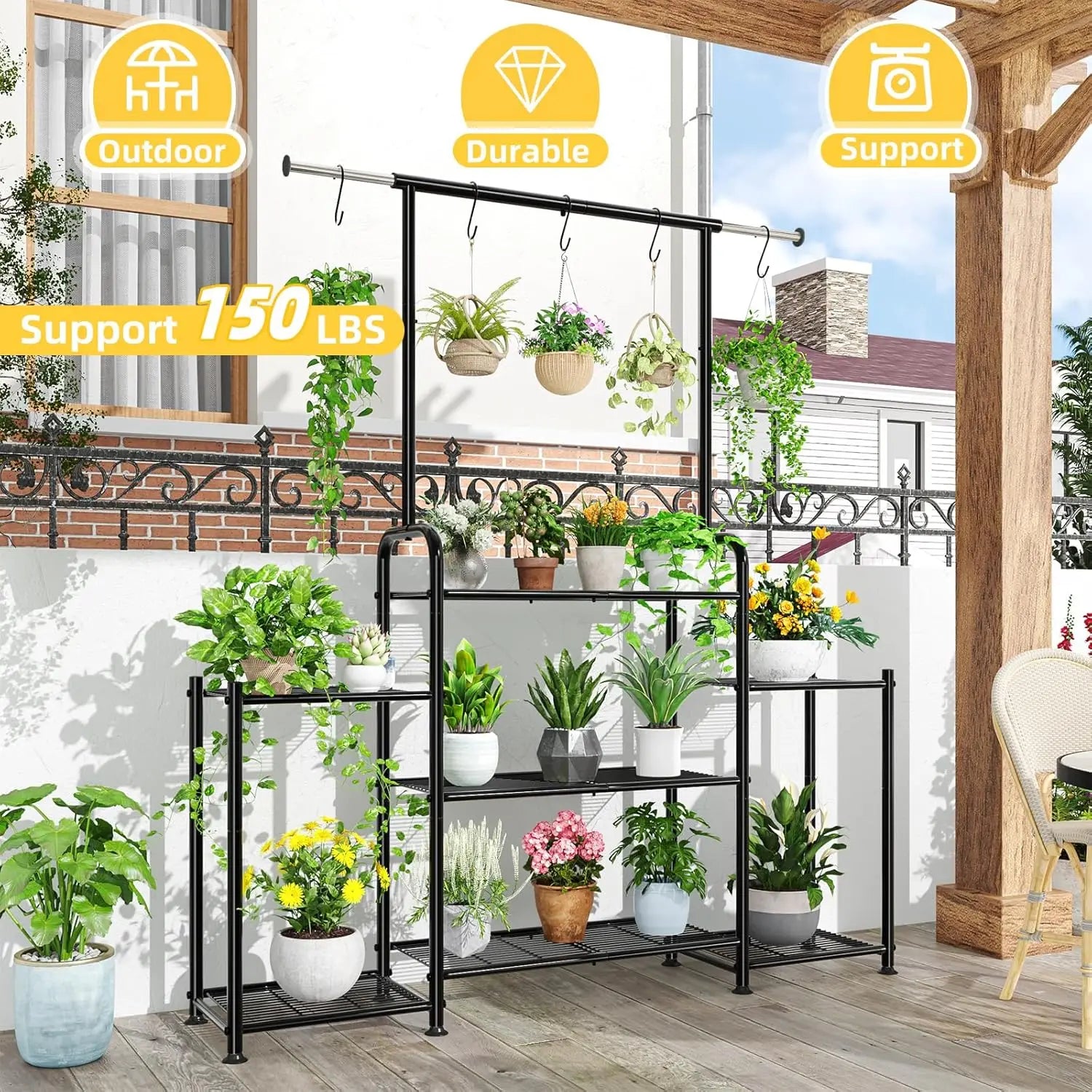 3-Tier Metal Plant Stand Indoor Outdoor Hanging Shelf for Multiple Flower Pots Large Heavy Duty Ladder Holder Black