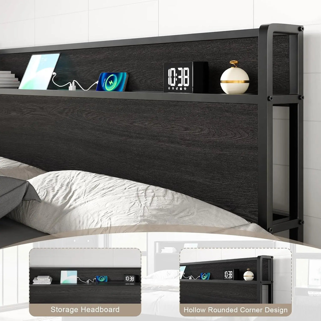 King Lift Up Storage Bed Frame Wooden Platform USB Charging