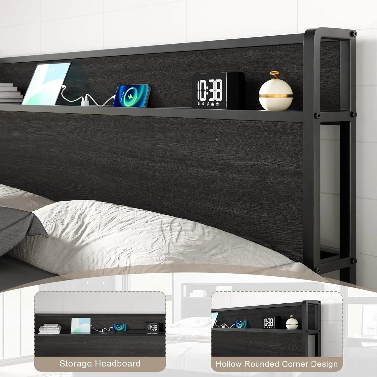 King Lift Up Storage Bed Frame Wooden Platform USB Charging