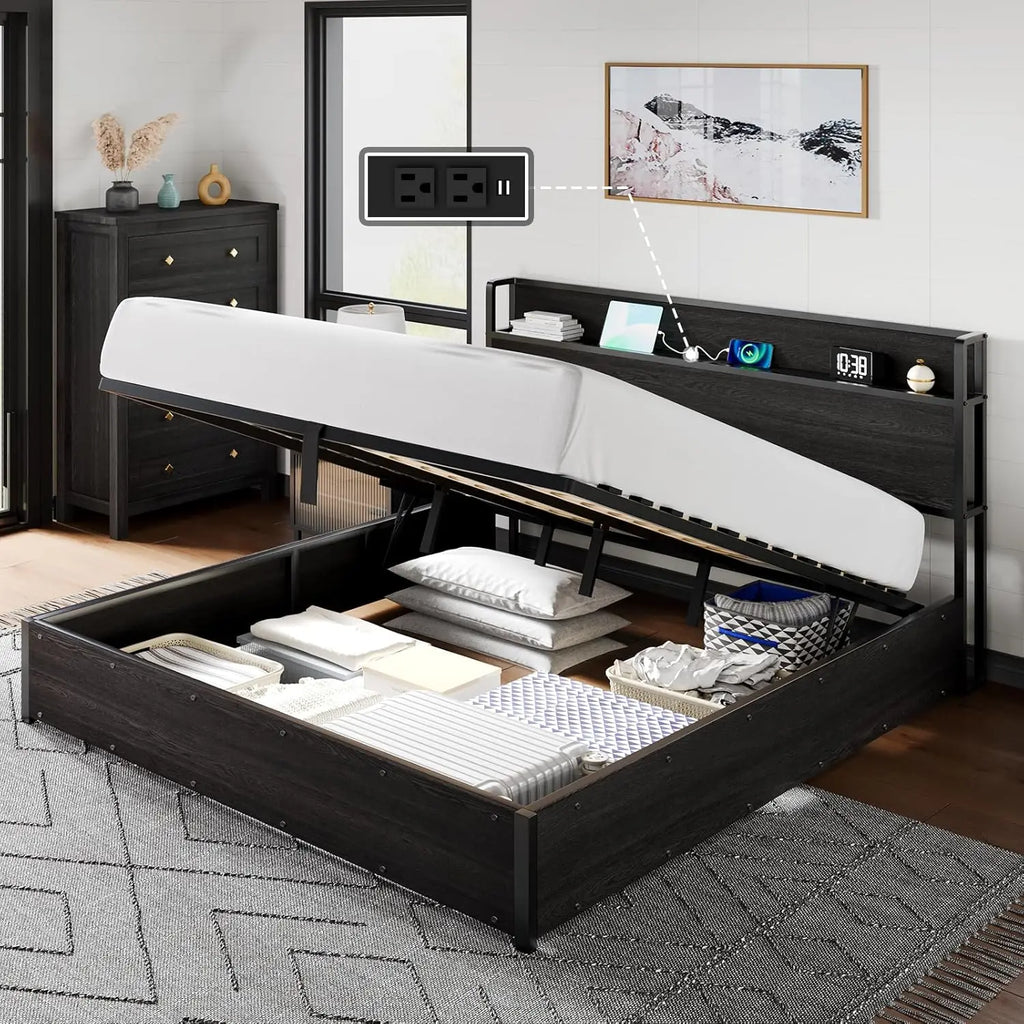 King Lift Up Storage Bed Frame Wooden Platform USB Charging