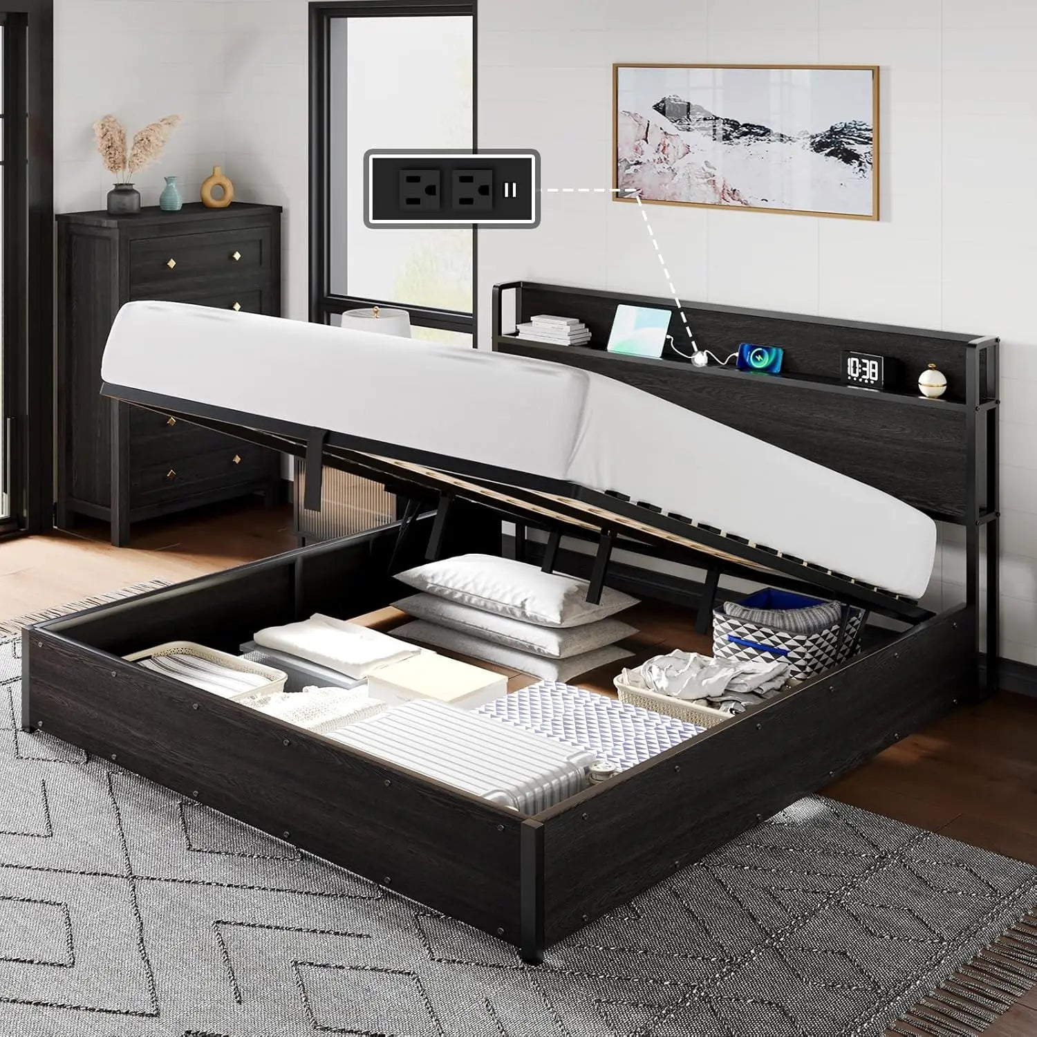 King Lift Up Storage Bed Frame Wooden Platform USB Charging