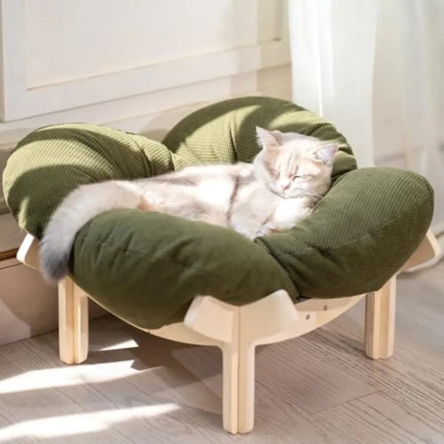 Elevated Cat Bed Wooden with Cushion Fluffy Pet Couch Sofa