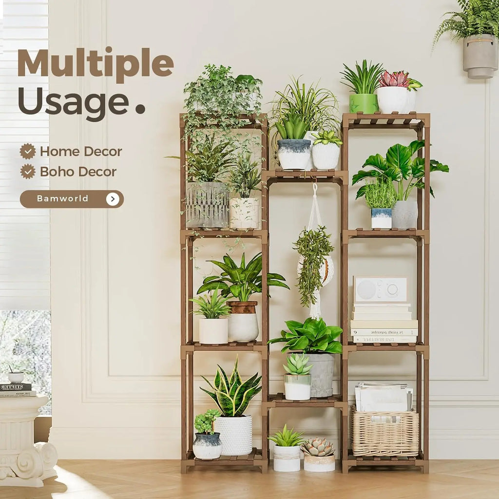 Large Wooden Plant Stand with 10 Shelves for Indoor Outdoor Decor, Holds Multiple Pots, Easy Assembly