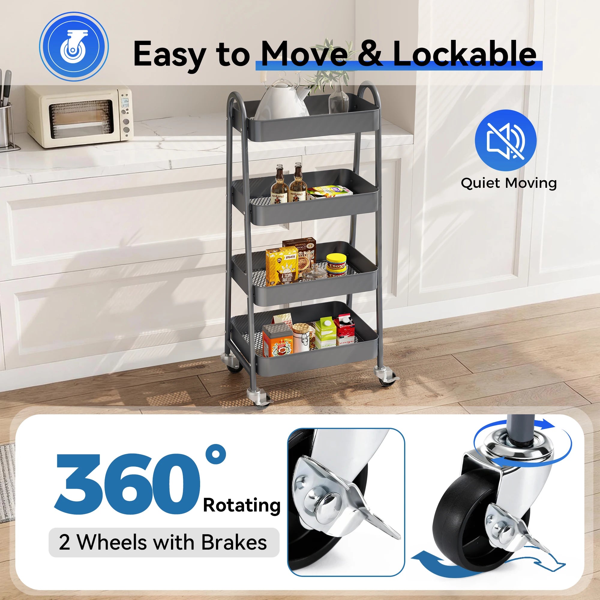 4 Tier Metal Storage Kitchen Cart with Lockable Wheels Mobile Shelving Unit Utility