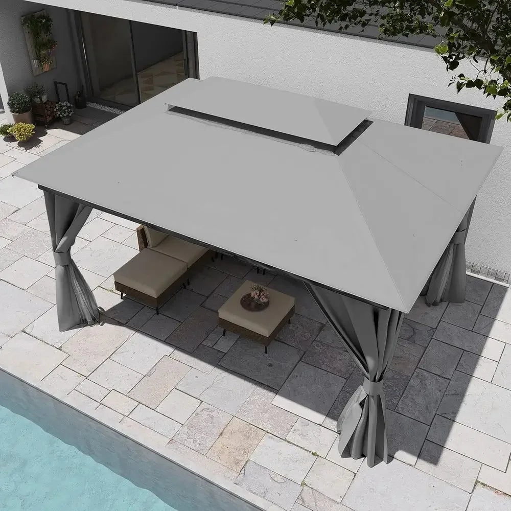 Outdoor 10x13 Patio Gazebo with Double Roof, Mosquito Netting,