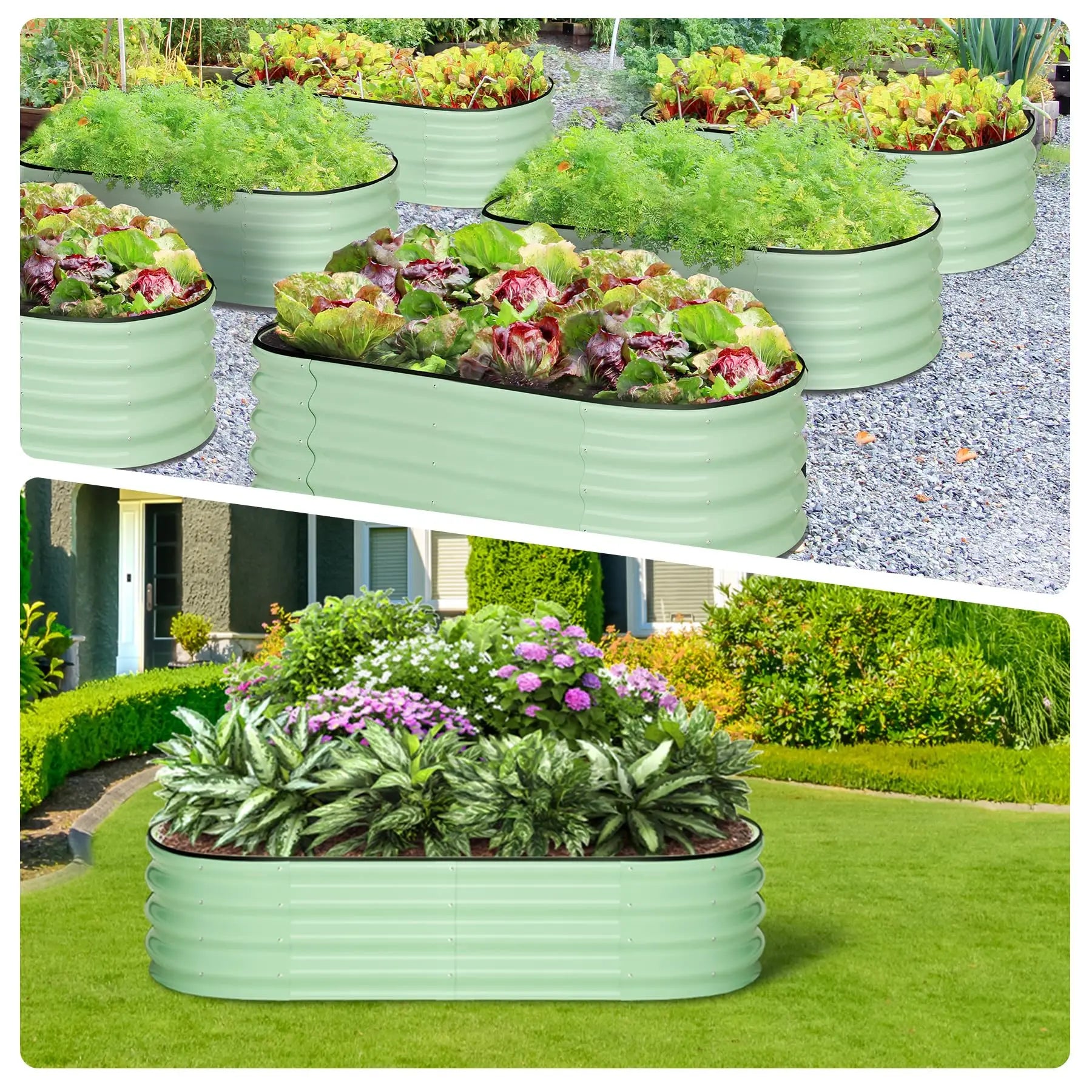 2-Pack Oval Galvanized Steel Raised Garden Bed Open Base Safety Edge Metal Planter Box