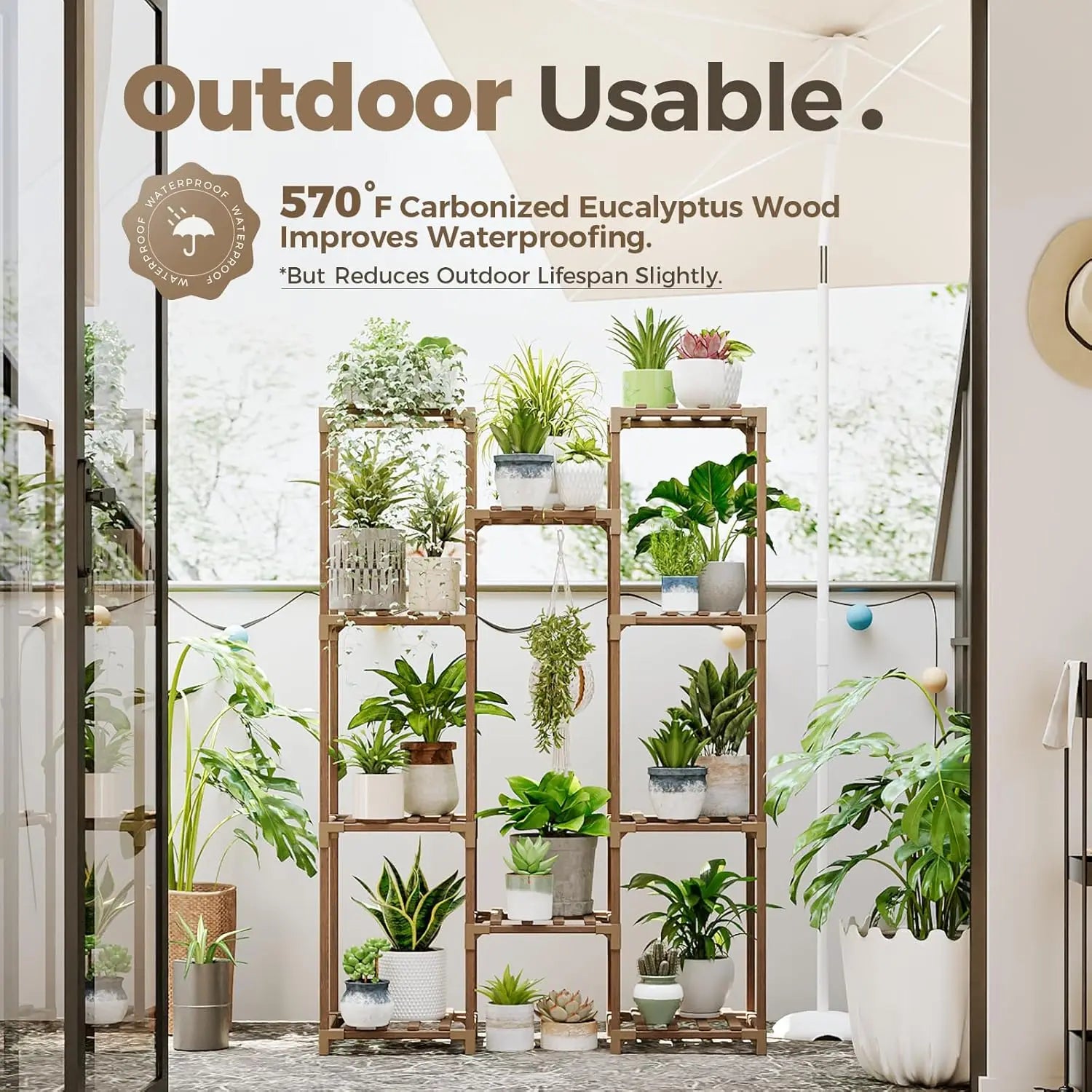 Large Wooden Plant Stand with 10 Shelves for Indoor Outdoor Decor, Holds Multiple Pots, Easy Assembly