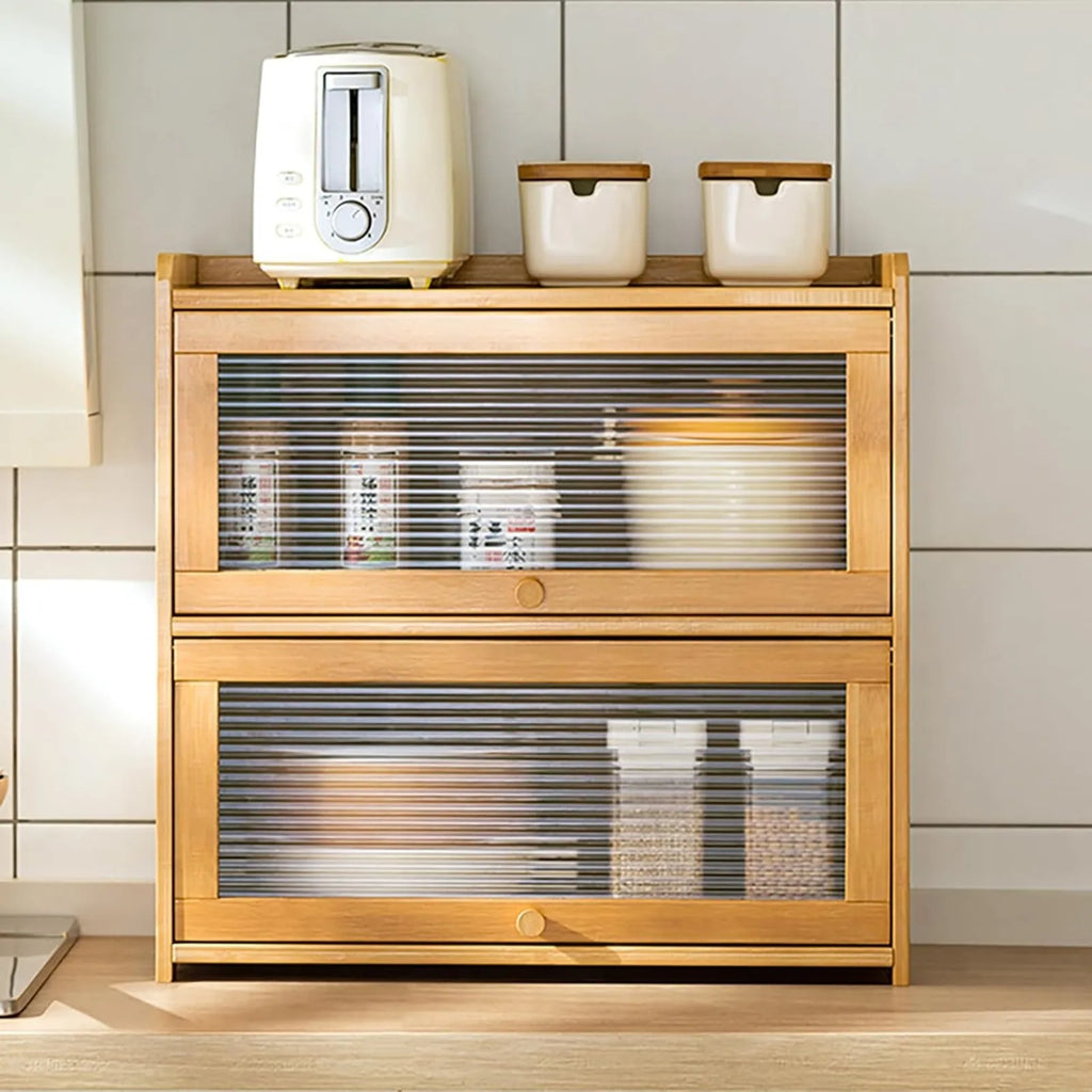 2-Tier Bamboo Kitchen Storage Cabinet - Versatile Countertop Organizer with Clear Acrylic Sliding Doors for Condiments, Pantry