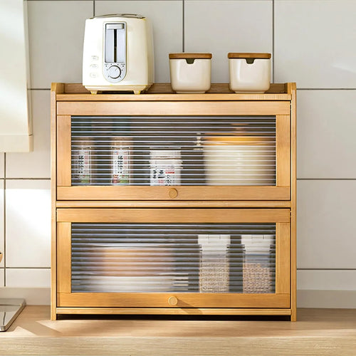 2-Tier Bamboo Kitchen Storage Cabinet - Versatile Countertop Organizer with Clear Acrylic Sliding Doors for Condiments, Pantry