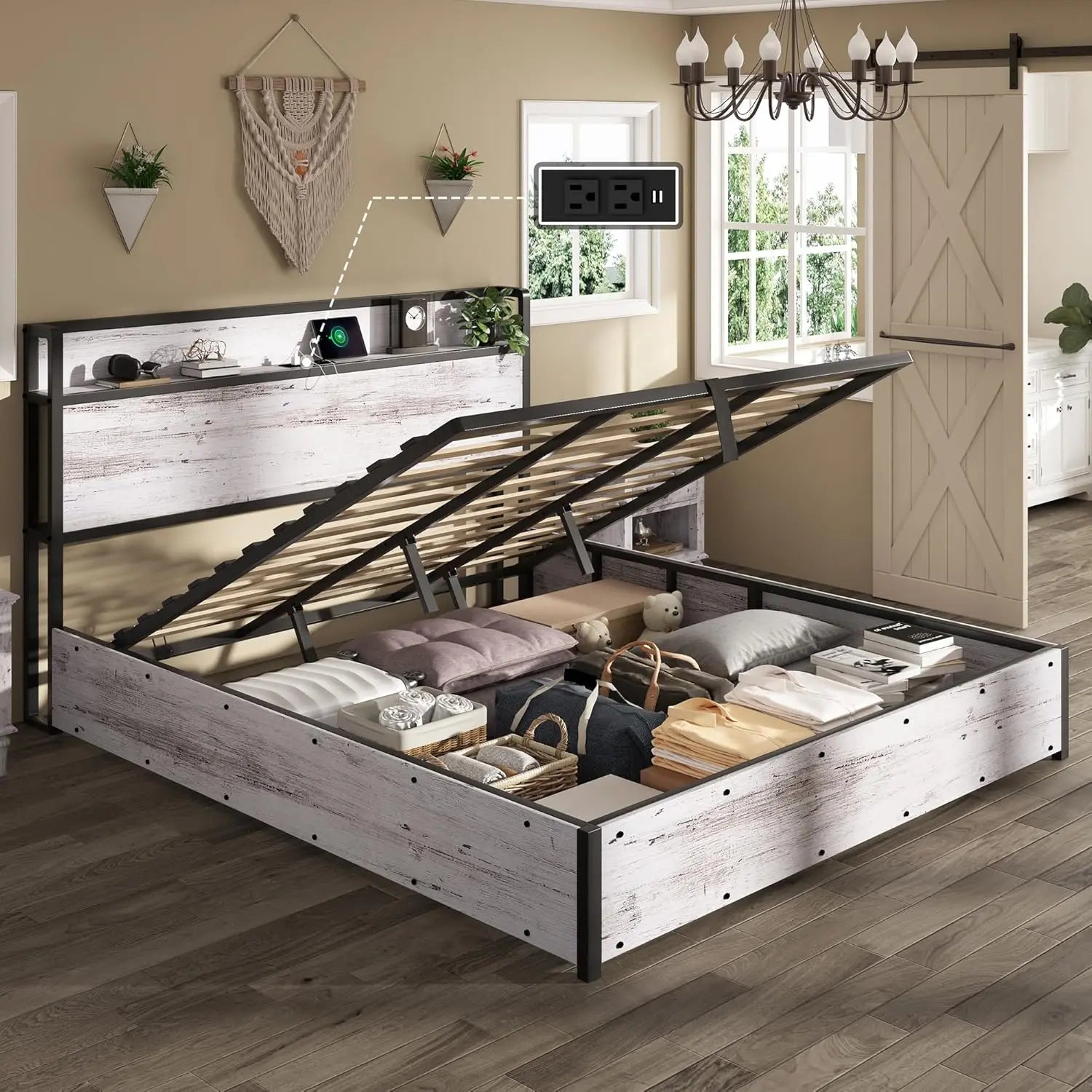 King Lift Up Storage Bed Frame Wooden Platform USB Charging