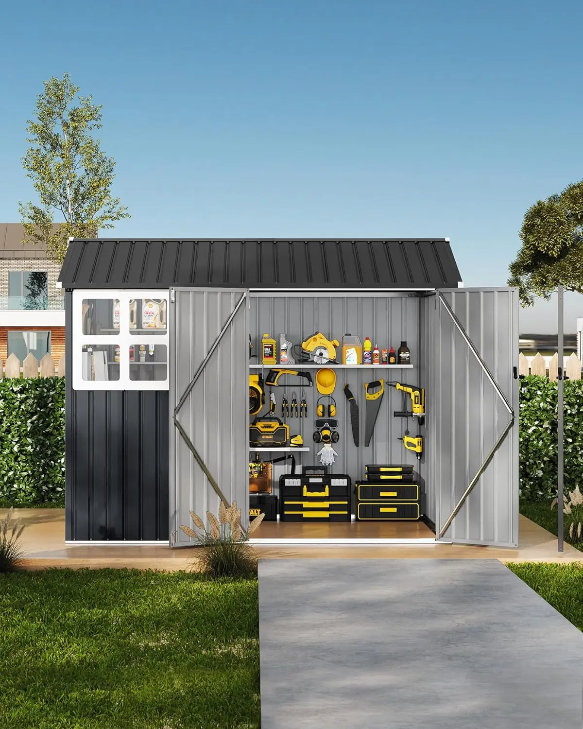 6x8 Ft Metal Outdoor Storage Shed Garden Tool  Lockable Doors & Windows