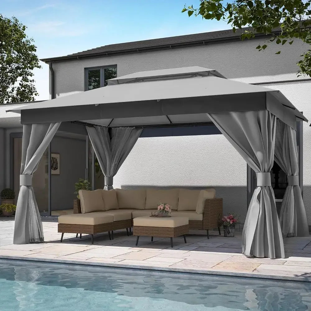 Outdoor 10x13 Patio Gazebo with Double Roof, Mosquito Netting,